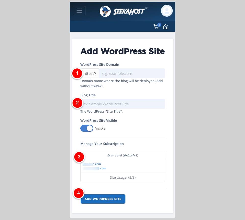 add wordpress site details and launch